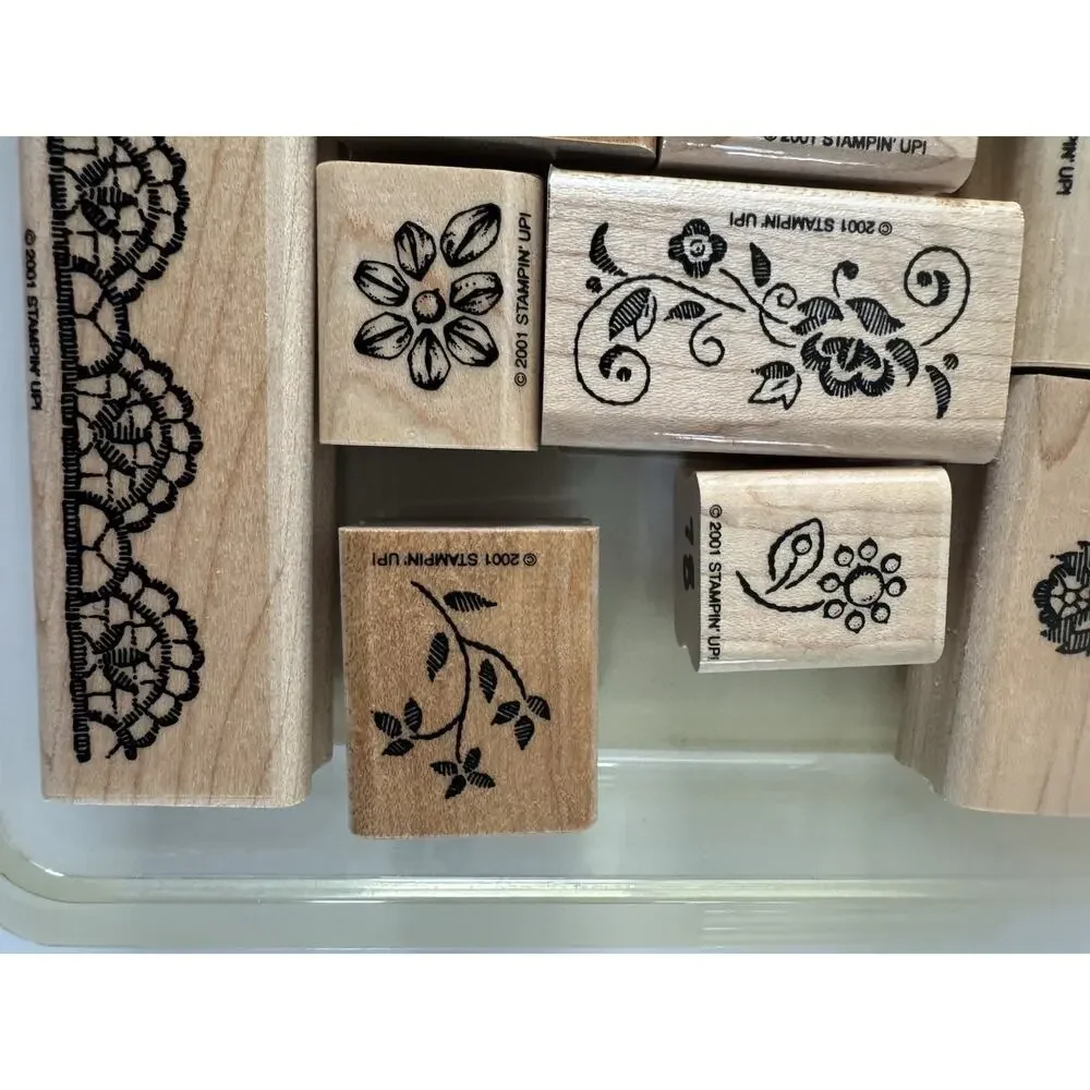 Stampin Up! 2001 Elegant Embroidery Rubber stamp Wood Vintage LOT #DR